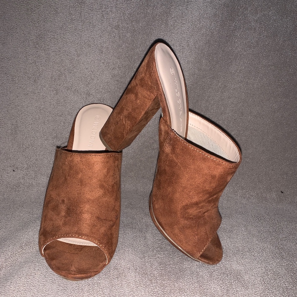 Brown Faux Suede Chunky Open Toe Heel